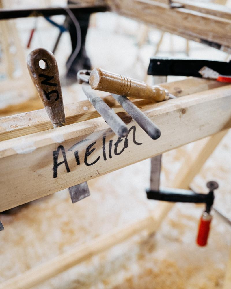 Close up of tools in woodworking workshop