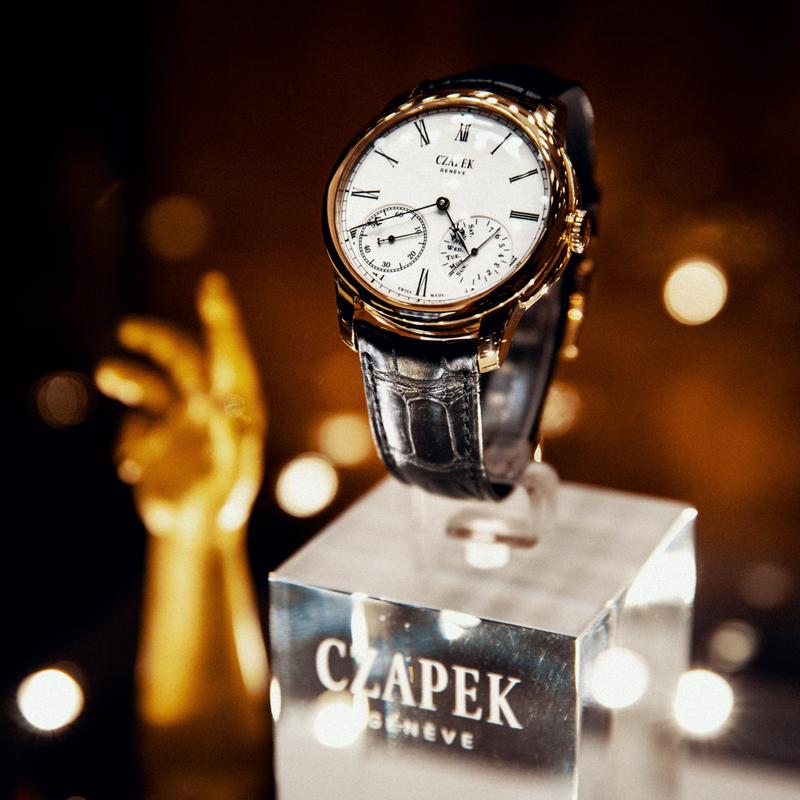 Close up of Czapek Quai des Dergues watch with leather strap