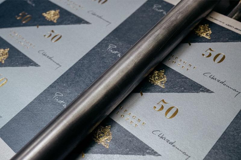 Champagne De Lozey 50 50 label being printed