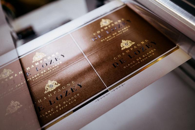 Champagne De Lozey Blanc de Blancs Vinifié Sous Bois label being printed