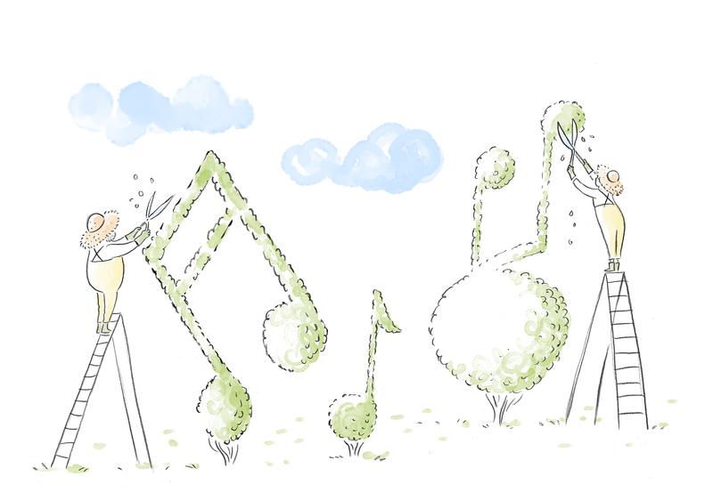 Illustration of gardeners trimming hedges in shapes of musical notes