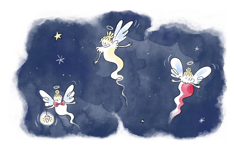 Illustration of angels floating in the night sky for Domaines Delon 2022 primeurs campaign