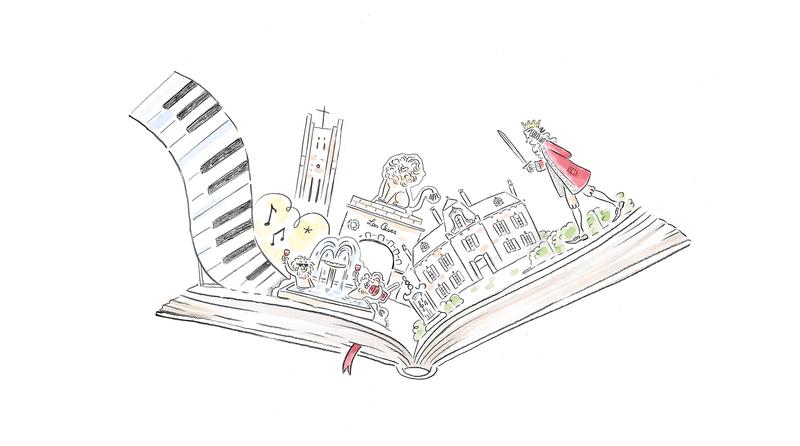 Illustration of popup book showing scenes from the stories of Domaines Delon