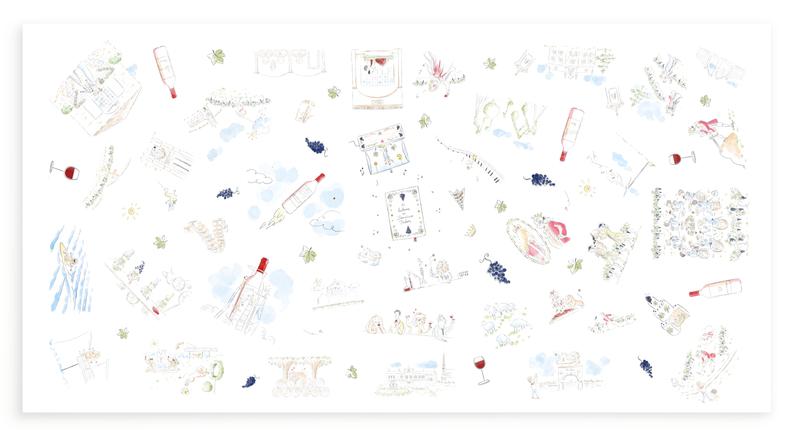 Mockup of tasting table composition for 2022 Domaines Delon primeurs campaign