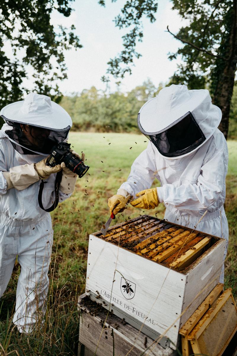 Elodie Daguin wearing overalls photographing beehive worker