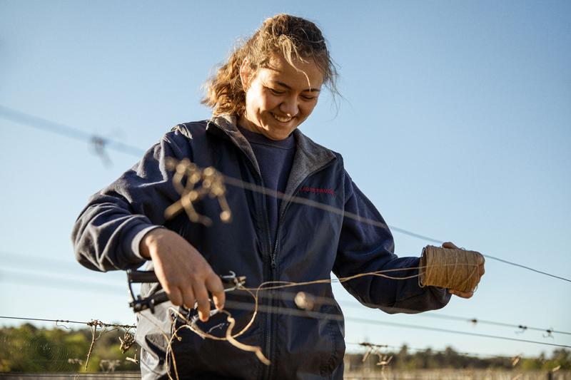 Woman in vines unravelling cord in springtime