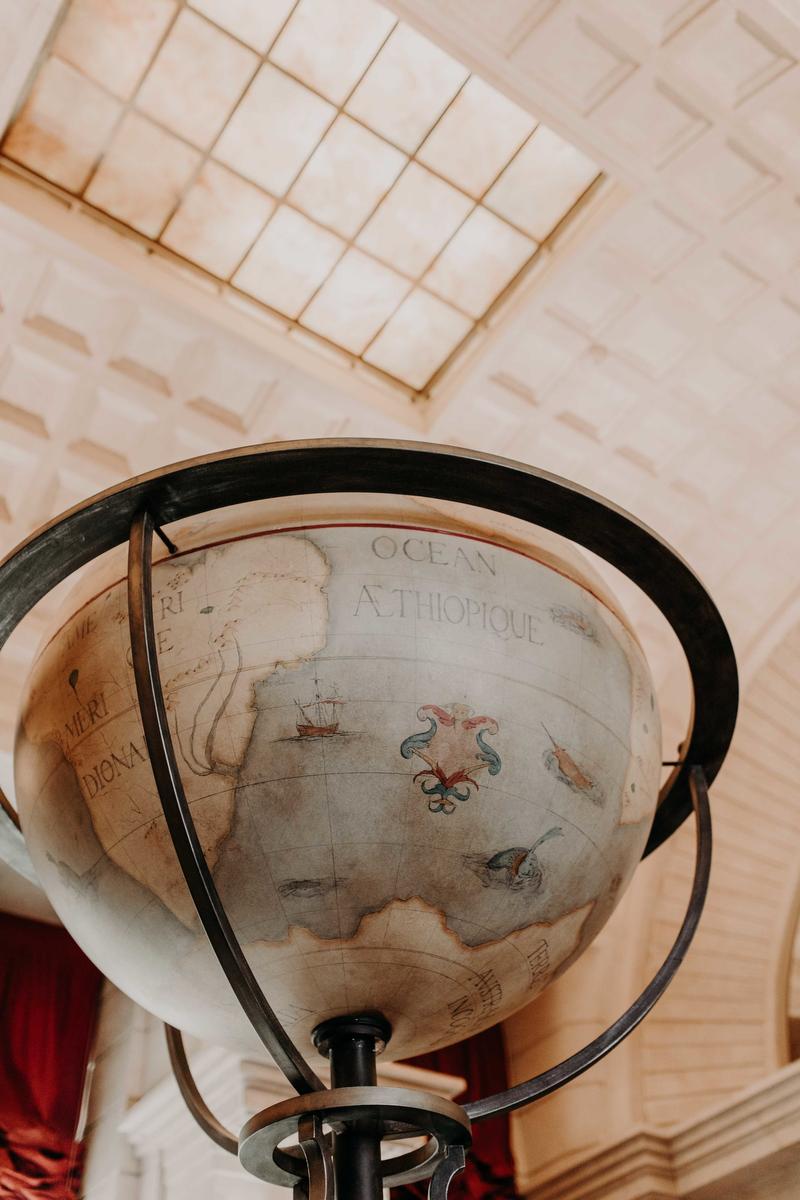 Close up of vintage globe viewed from below