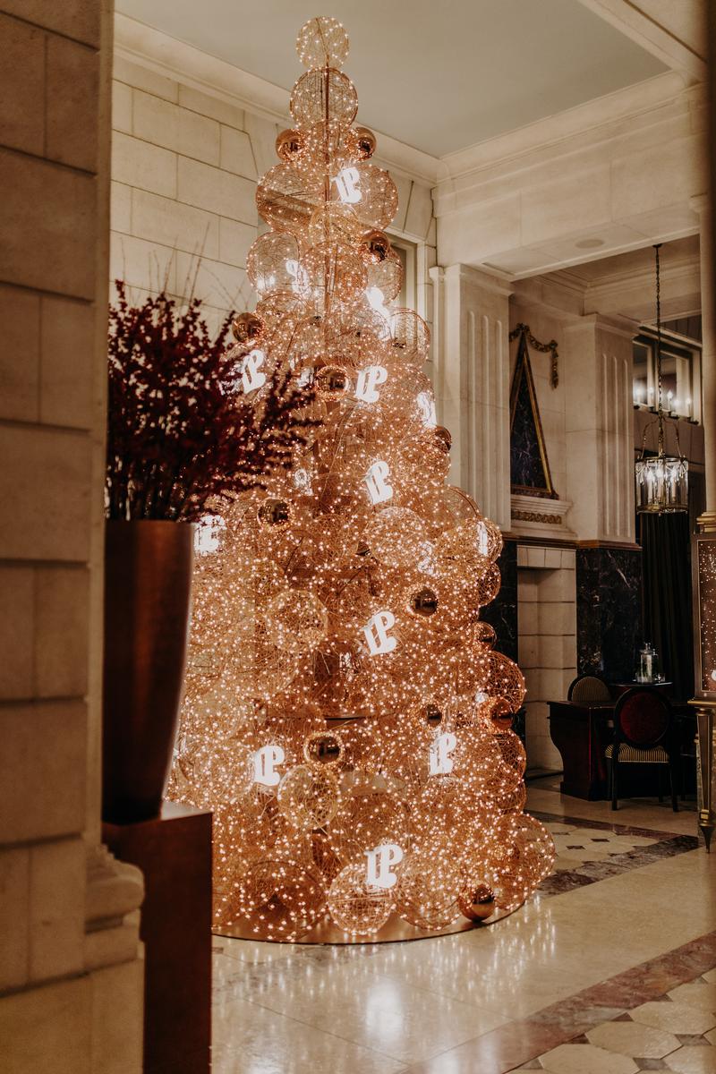 Laurent Perrier rosé christmas tree in entrance of Bordeaux Grand Hotel