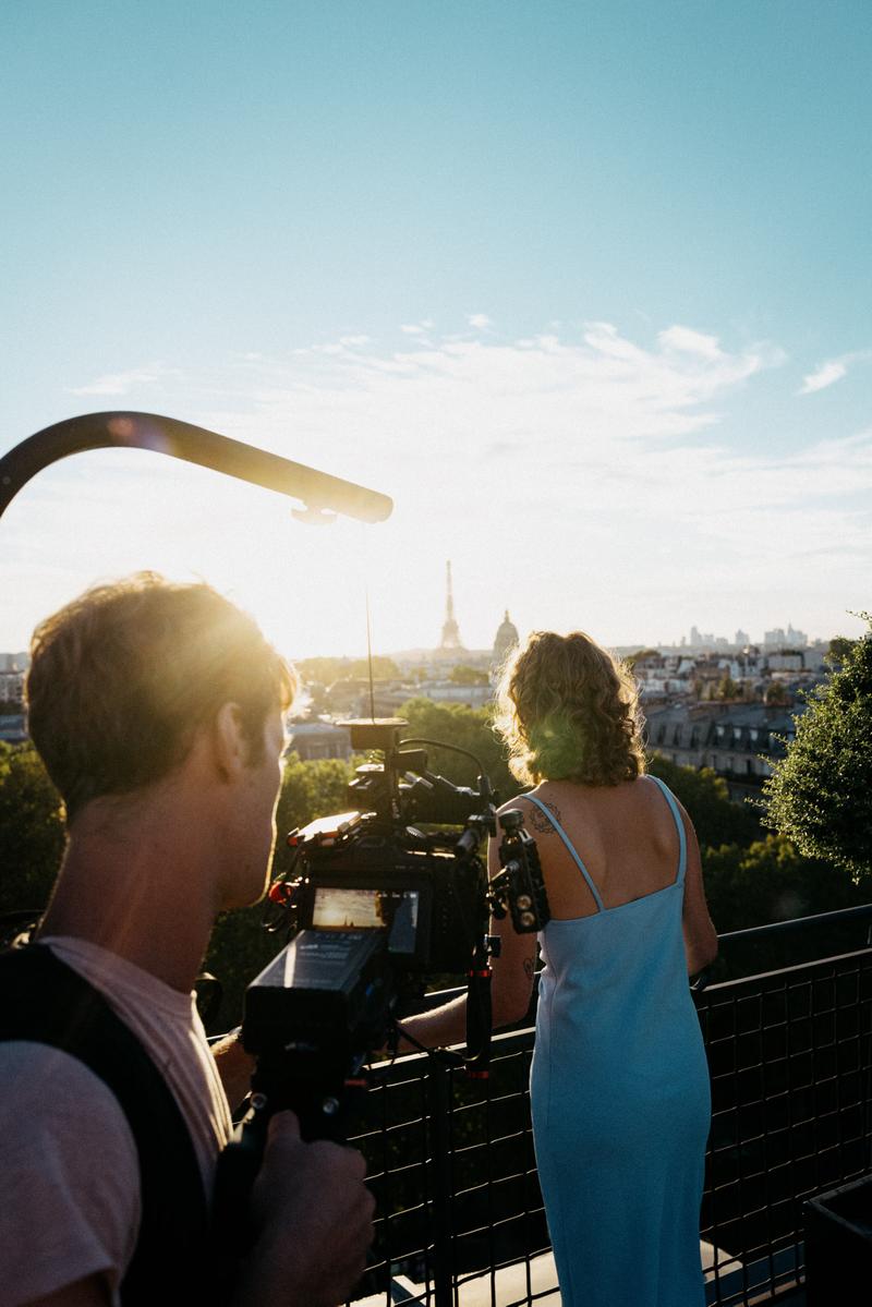 Backstage of Edward Taylor filming Marion Gaudino at sunset on the Lutetia rooftop