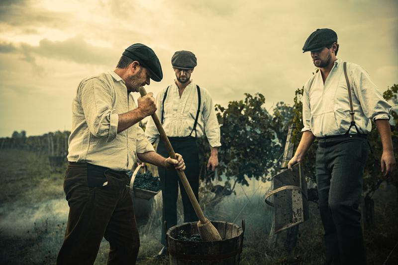 Three harvesters from the 1920s in the style of Peaky Blinders