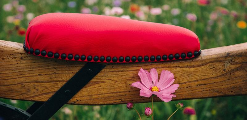 Close up of red leather push bike saddle next to pink flower